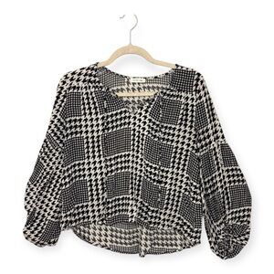 Olivia Grey Black White Houndstooth Cropped Blouse Balloon Sleeve Top Small